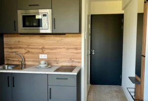Compacte moderne studio in Enschede met keuken, houtlook afwerking en donkere kasten